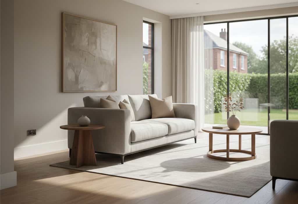 Modern minimalist British living room interior with large windows and neutral tones, representing premium energy-efficient residential climate control concepts.