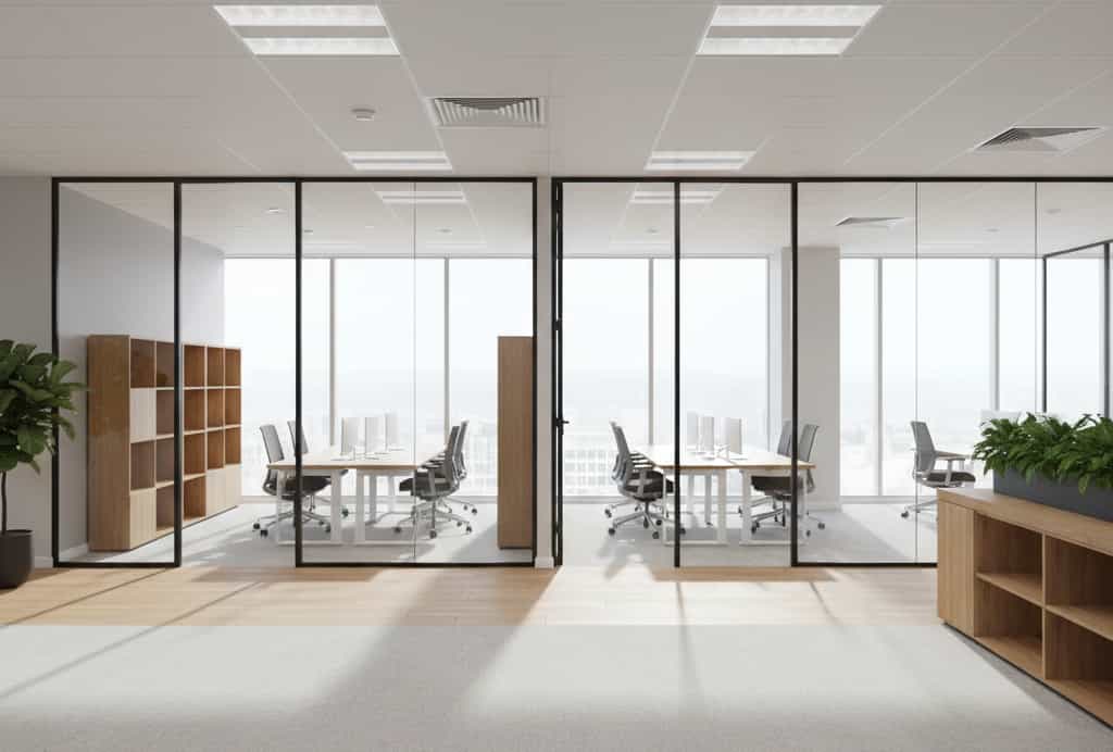 Professional open-plan UK office interior with glass partitions, wooden flooring, and natural light, illustrating a high-quality commercial environment for smart HVAC integration.